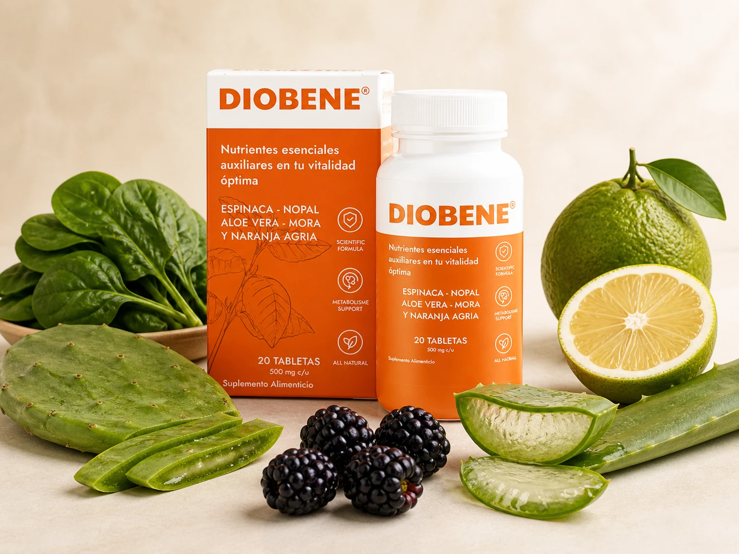 Frasco y caja de DIOBENE México con ingredientes como espinaca, nopal, aloe vera, mora y naranja agria
