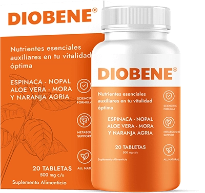Frasco y caja de Diobene México suplemento alimenticio con fórmula natural