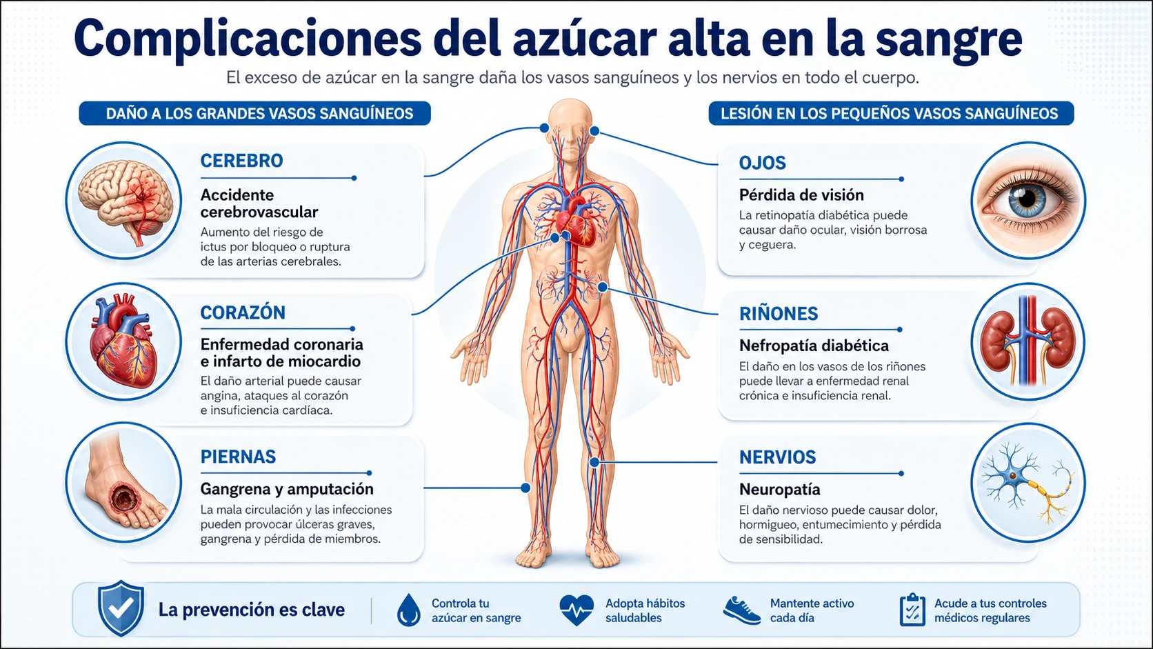 Infografía móvil sobre niveles altos de azúcar en la sangre y posibles complicaciones, contexto educativo para Diobene México